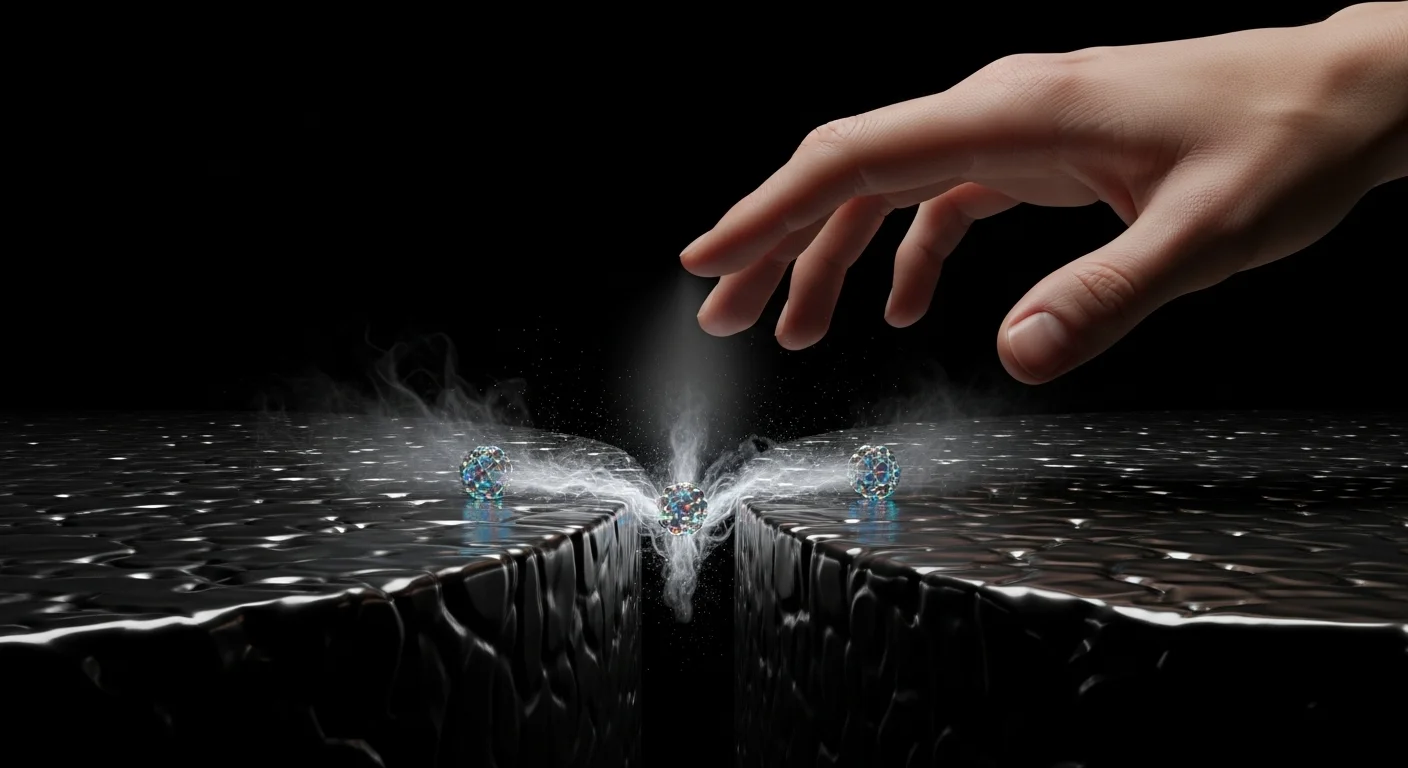 Mikroskopický pohled ukazuje nepatrnou mezeru mezi prstem a povrchem, symbolizující odpuzování atomů.